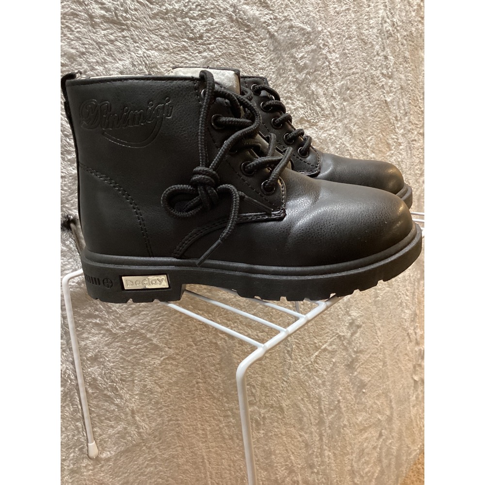 Kids Black Lace Up Side Zip Faux‎ Leather Winter Boots - Picture 2 of 6